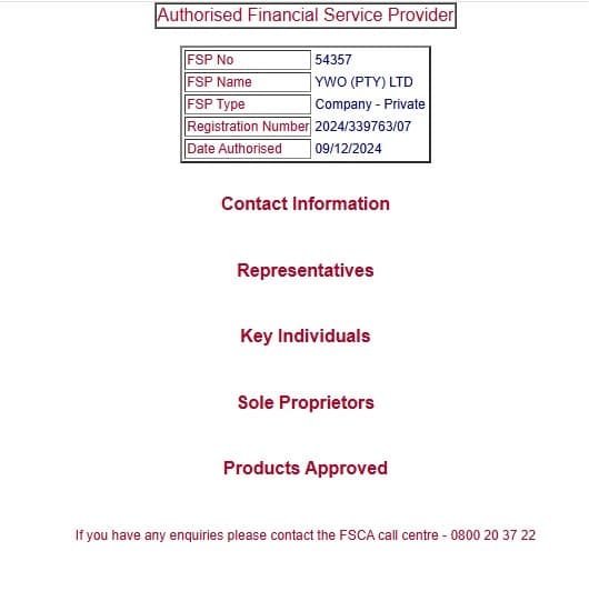 YWO listed on the FSCA official website