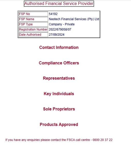 “Neotech Financial Services (Pty) Ltd”的公司确实在FSCA的授权名单中