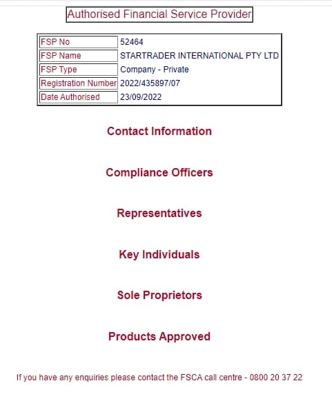 STARTRADER FSCA Query