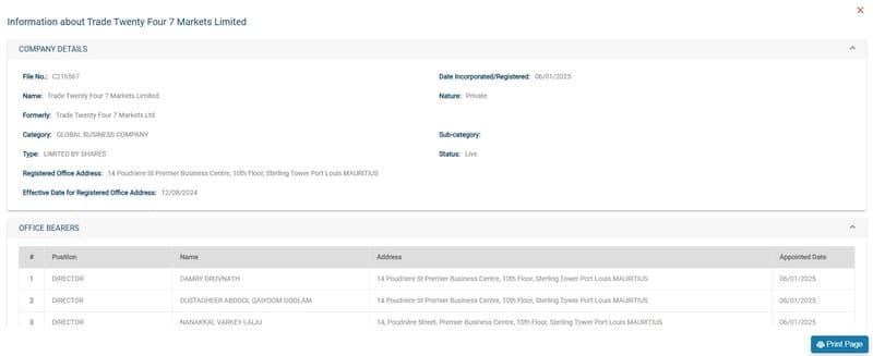 According to the Mauritius Corporate and Business Registration Department (CBRD), the company's registration date is shown as January 6, 2025