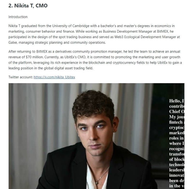 Chief Marketing Officer Nikita T on UbitEx's website