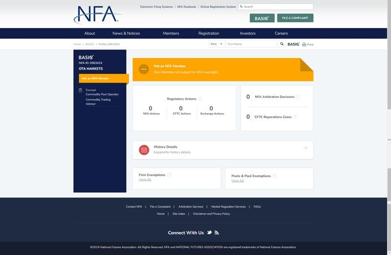 OTA MARKETS的美国NFA监管查询