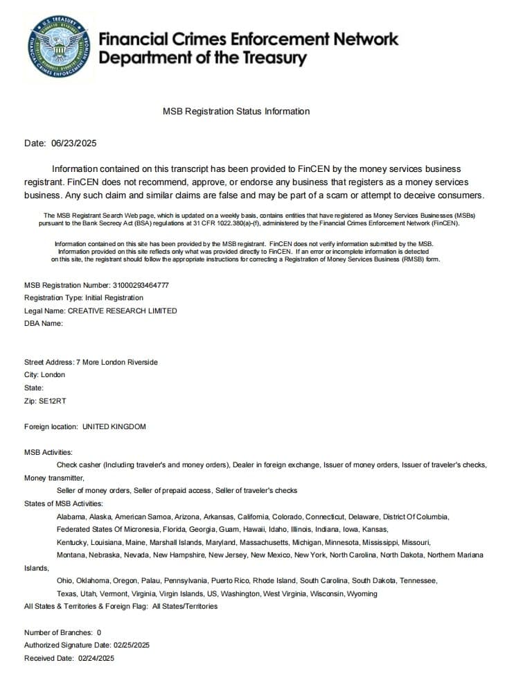 CREATIVE Research Limited的货币服务业务（MSB）牌照