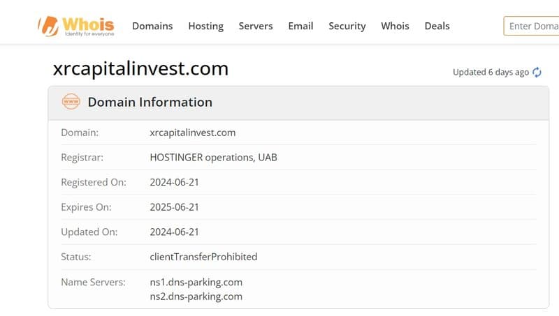 whois domain time of Xrcapitalinvest.com