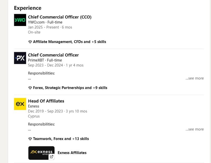 His profile shows experience as an Affiliate Marketing Head at Exness