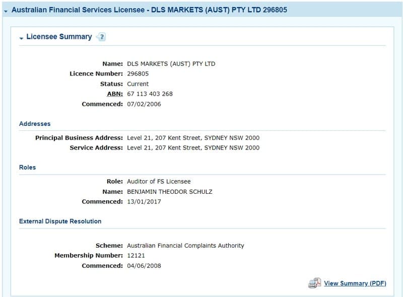 ASIC website search for license number 296805