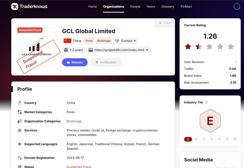 GCL Global Limited Marked as 'Scam Suspect' on TraderKnows