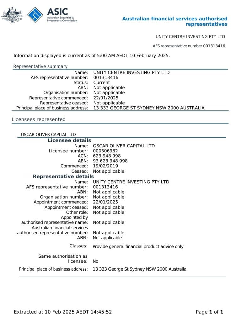 UC-Investing แสดงใบอนุญาต AR ของ ASIC