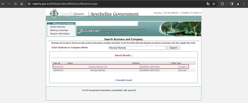Official website showing company registration information search 4