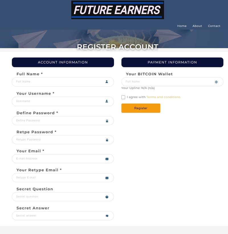 Proceso de registro de cuenta en FUTURE-EARNERS
