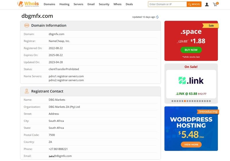 DBG Markets의 whois 도메인 등록 날짜