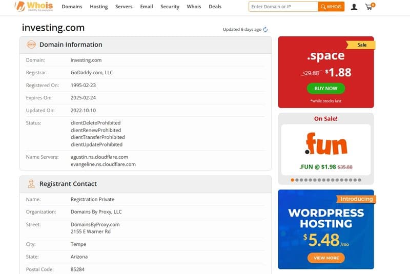 Investing.com 도메인 등록 날짜