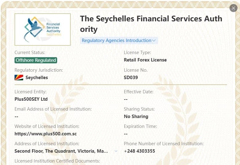 Giấy phép Seychelles của Plus500