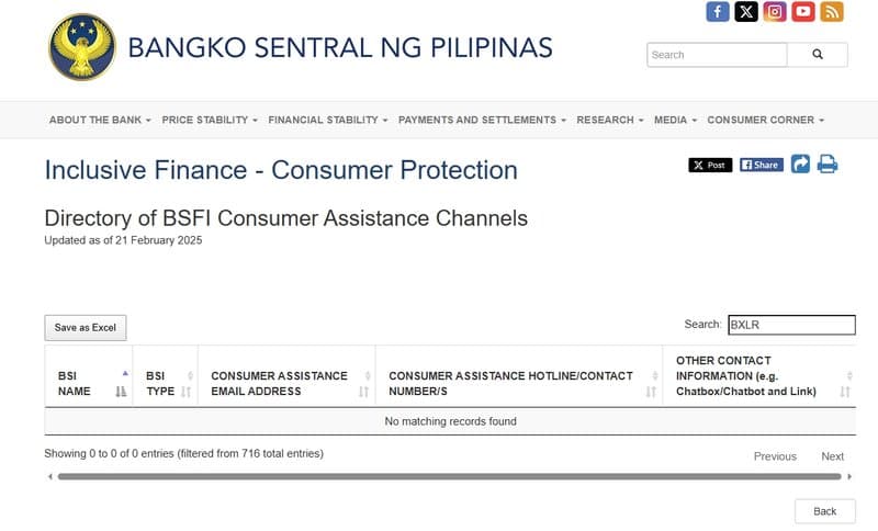 BSP的监管名单当中，未发现BXLR或ALP Financial Limited相关监管记录