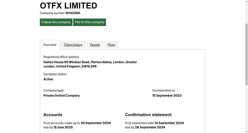OTFX UK Registration Information