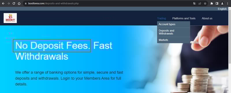 Official website showing deposit and withdrawal information
