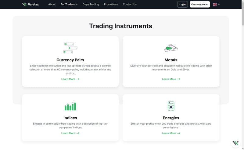 Valetax 的交易产品