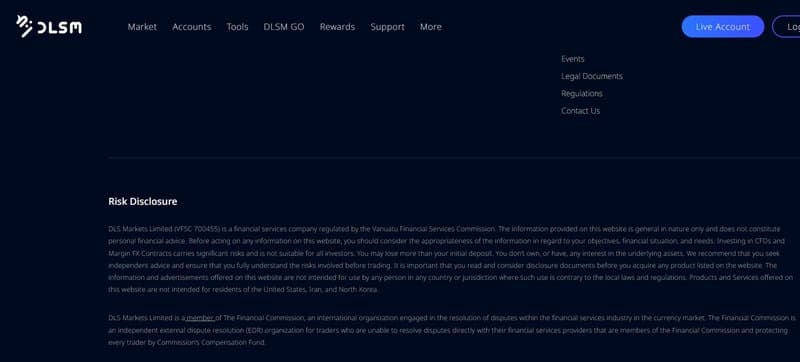 DLS MARKETS website's regulatory information