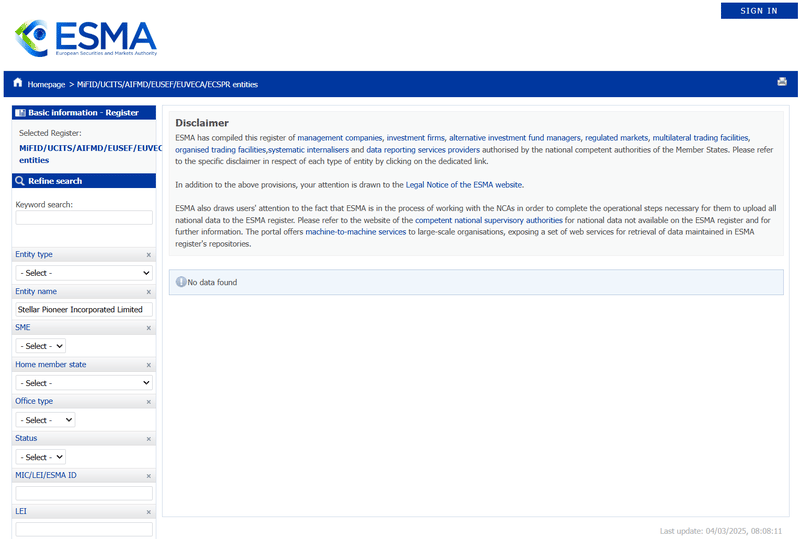 European Securities and Markets Authority（ESMA）