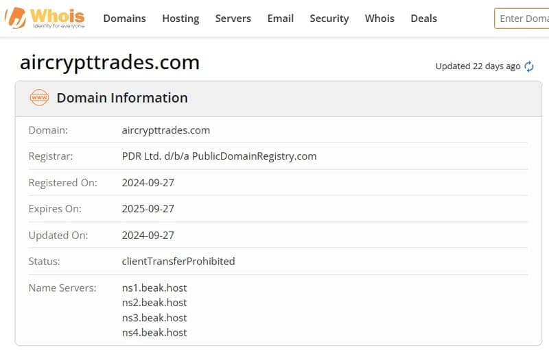 Website Registration Date of Aircrypt Trades