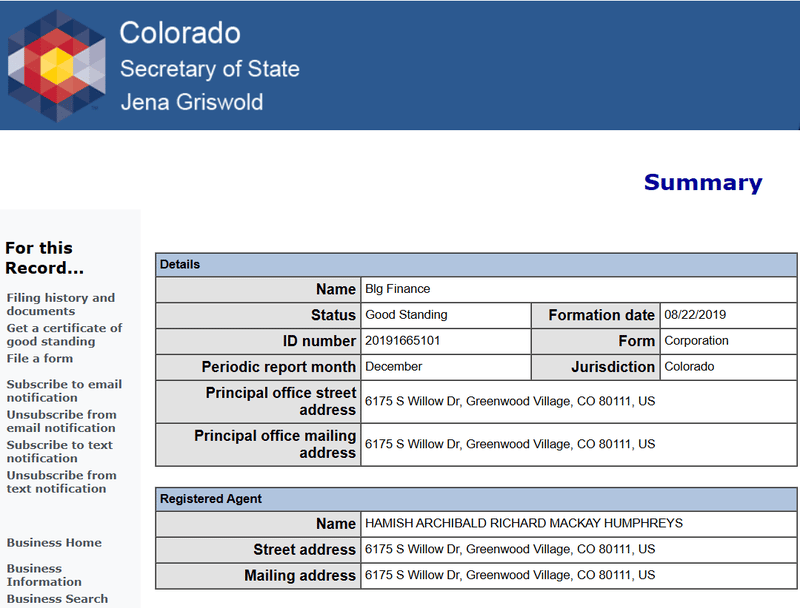 Company entity registration information