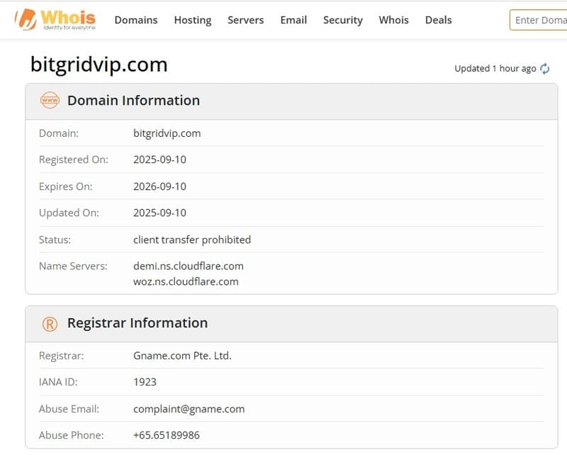 Регистрация сайта bitgridvip.com