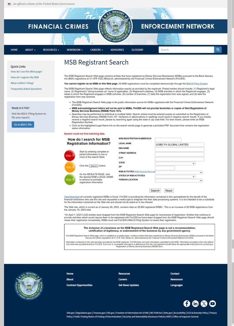 UOBE FX's FinCEN MSB regulatory inquiry