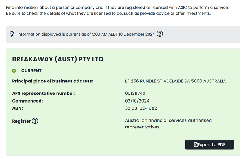 BREAKAWAY (AUST) PTY LTD ASIC