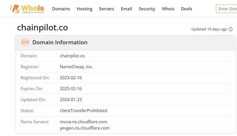 Chainpilot的官网域名注册时间