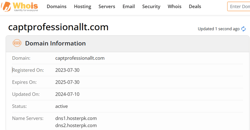 Whois lookup results