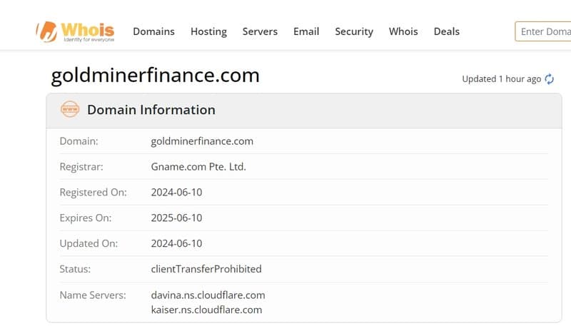 GoldMinerFinance's Domain Registration Date
