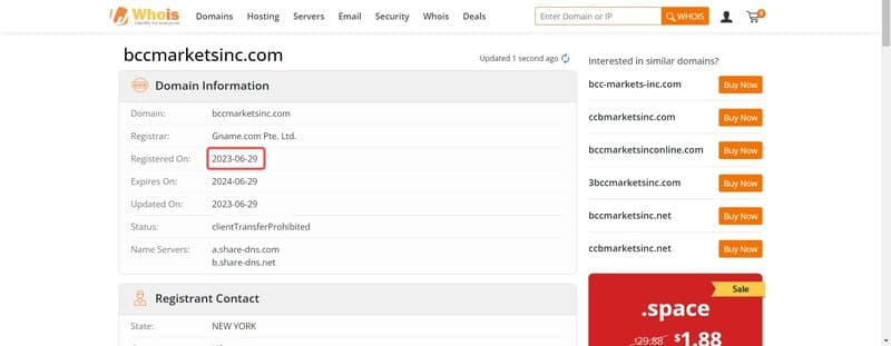 BCC markets limited's domain registration date