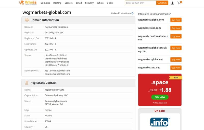 WCG Markets domain registration time in whois