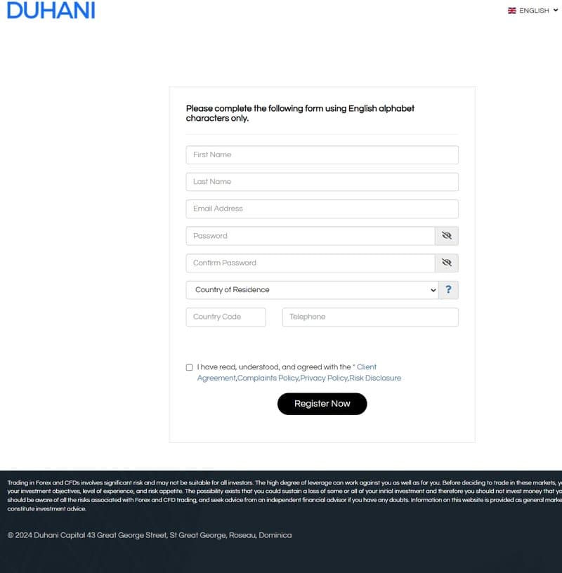 Duhani Capital的账户注册流程