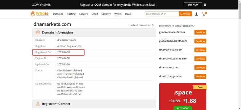 DNA Markets的whois域名年限查询