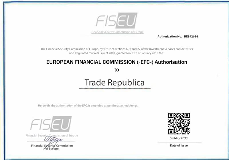 Trade Republica displays a European Financial Security regulatory license
