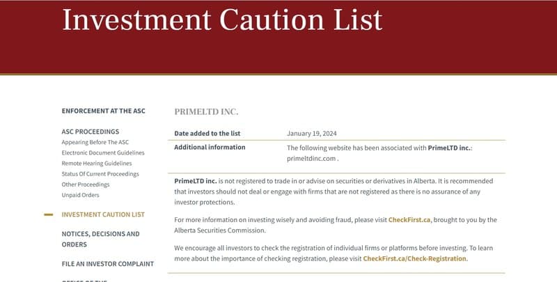 Regulatory Information of PrimeLTD Inc