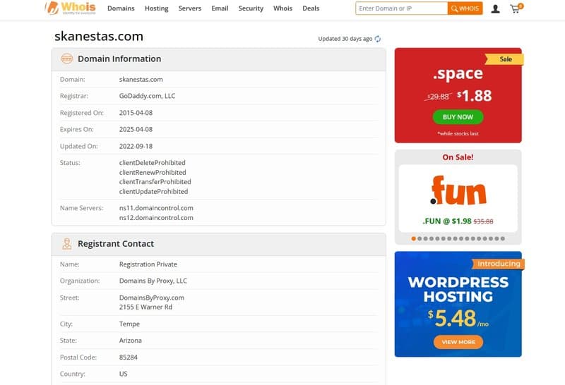 เวลาจดทะเบียนโดเมนของ SKANESTAS ใน WHOIS