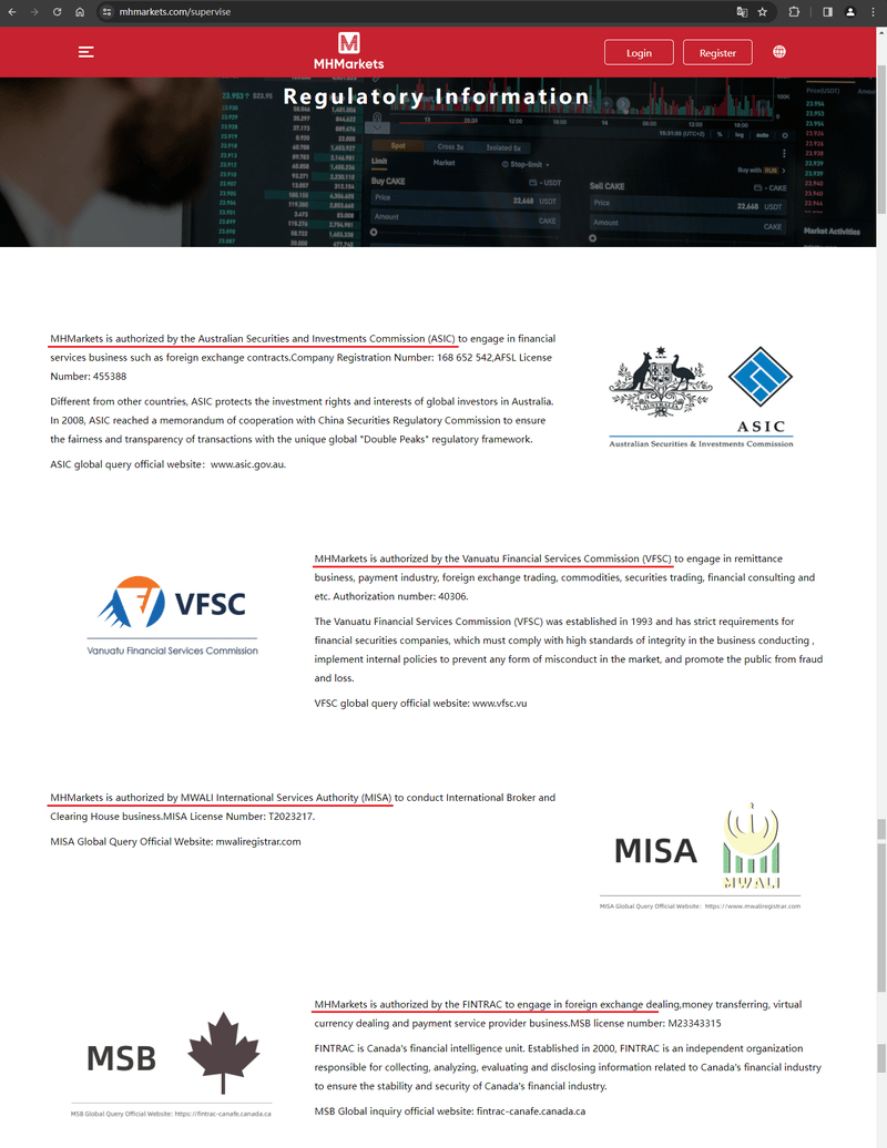 Regulatory information as shown on the official website