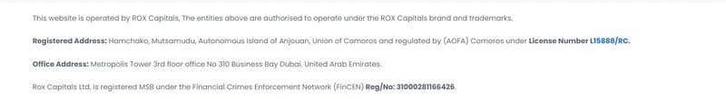 The company's registered address is on Anjouan Island in Comoros, and the office is in Dubai, UAE