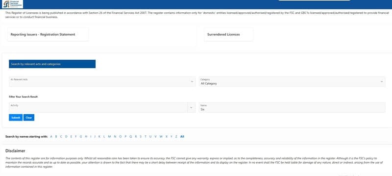 No valid license records found for 'SixFx' or 'Six Global Markets LTD.' by checking Mauritius FSC's official public register