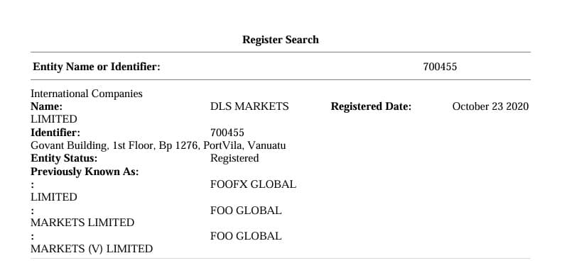 VFSC website shows license number 700455 registered to DLS MARKETS LIMITED