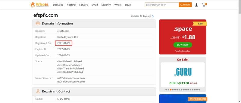 EFSPFX's domain registration time