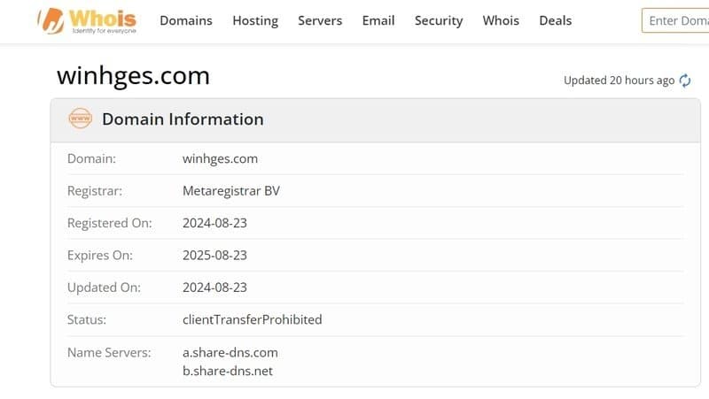 Information on WIN HG&#x27;s website registration time on whois