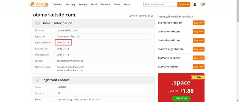 OTA MARKETS的域名注册时间