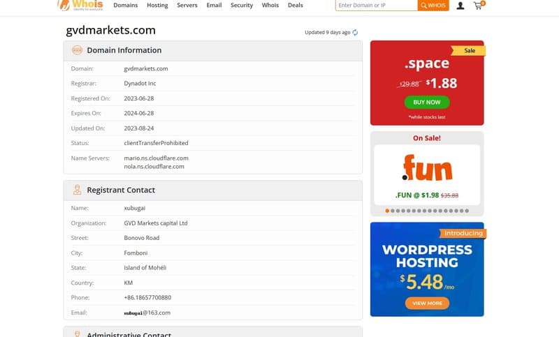 GVD Markets domain registration time on whois