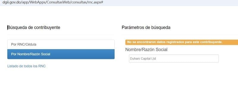 No registration information for Duhani Capital found at the Dominican Republic tax office