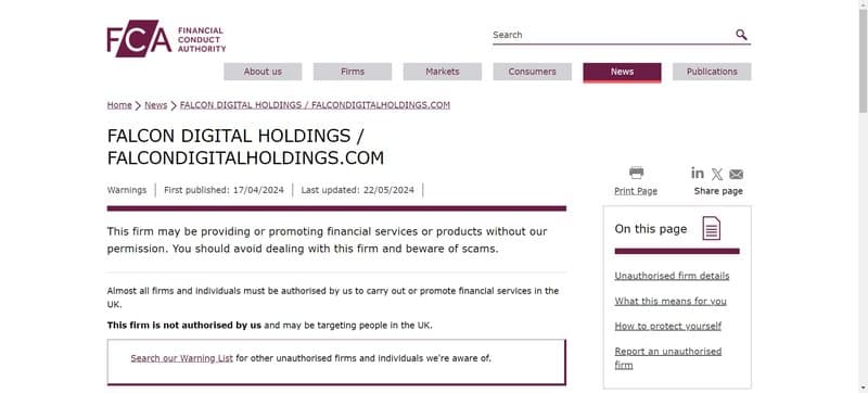 Falcon Digital Holdings regulatory information