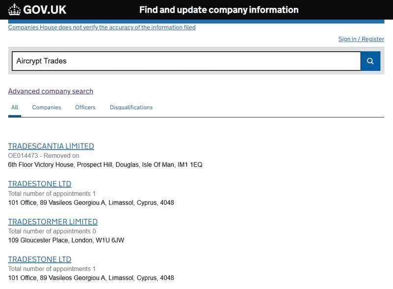 No company named 'Aircrypt Trades' found at UK Companies House