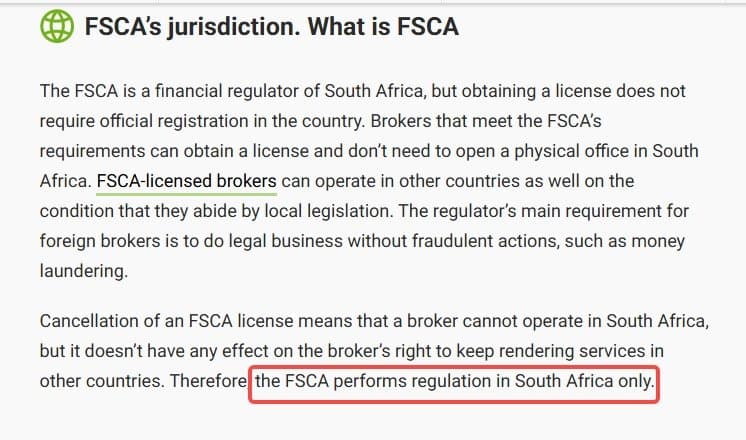 FSCA是南非的国家级监管机构，其监管职能主要在南非境内有效